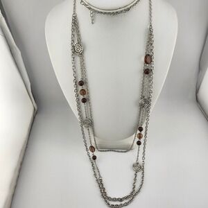 Silver Tone Layered‎ Long Necklace with Brown Beads & Disc Charm Fashion Jewelry